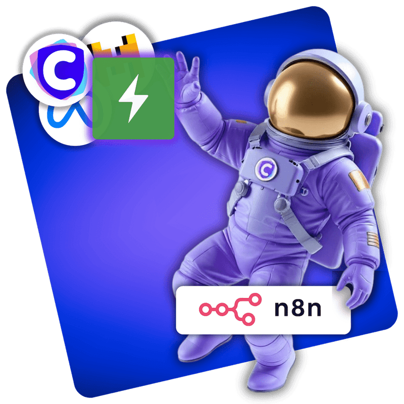 Un diagramme de flux de travail montrant le logo N8N connectant diverses applications avec l'API CamoCopy.