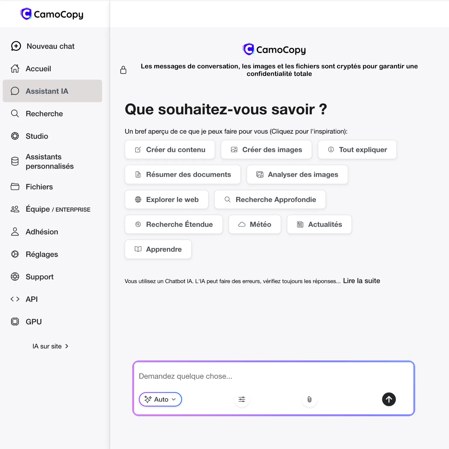 Interface du tableau de bord CamoCopy Enterprise