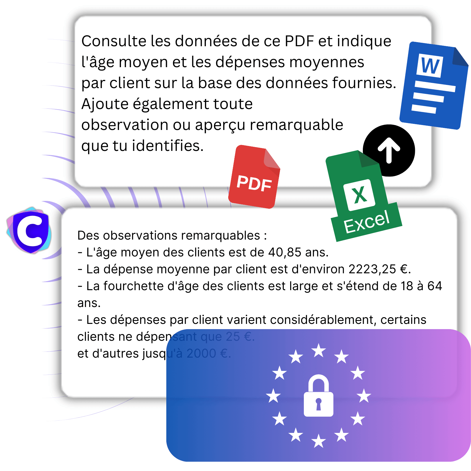 Une illustration d'un utilisateur discutant avec des documents PDF et Word de l'entreprise pour obtenir des réponses.