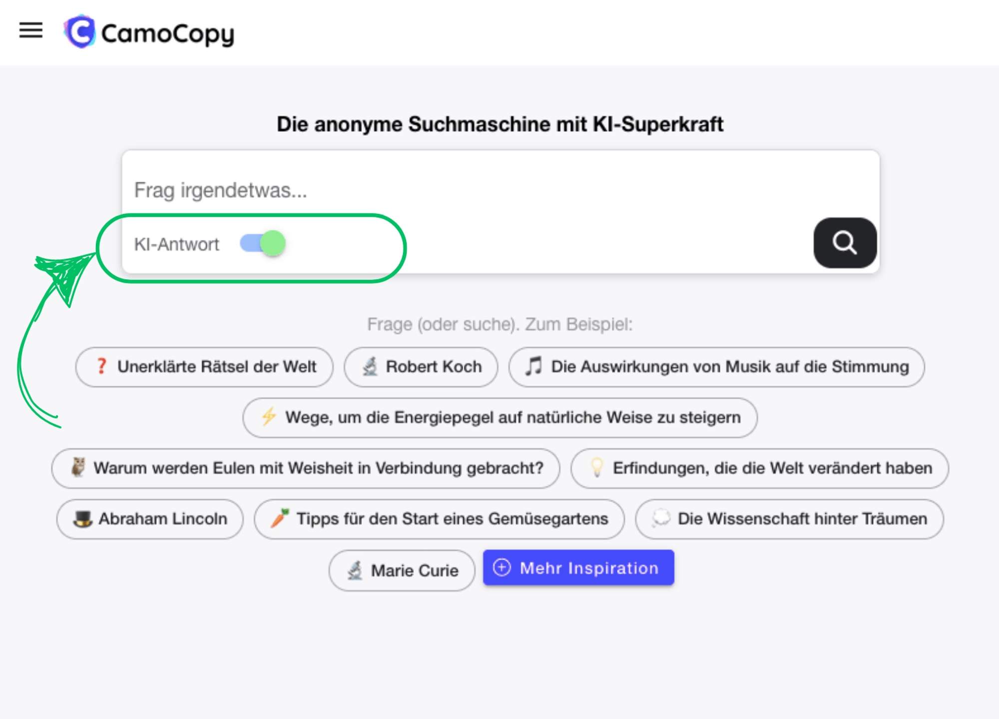 Umschalter zwischen klassischer Suche und KI-Suche