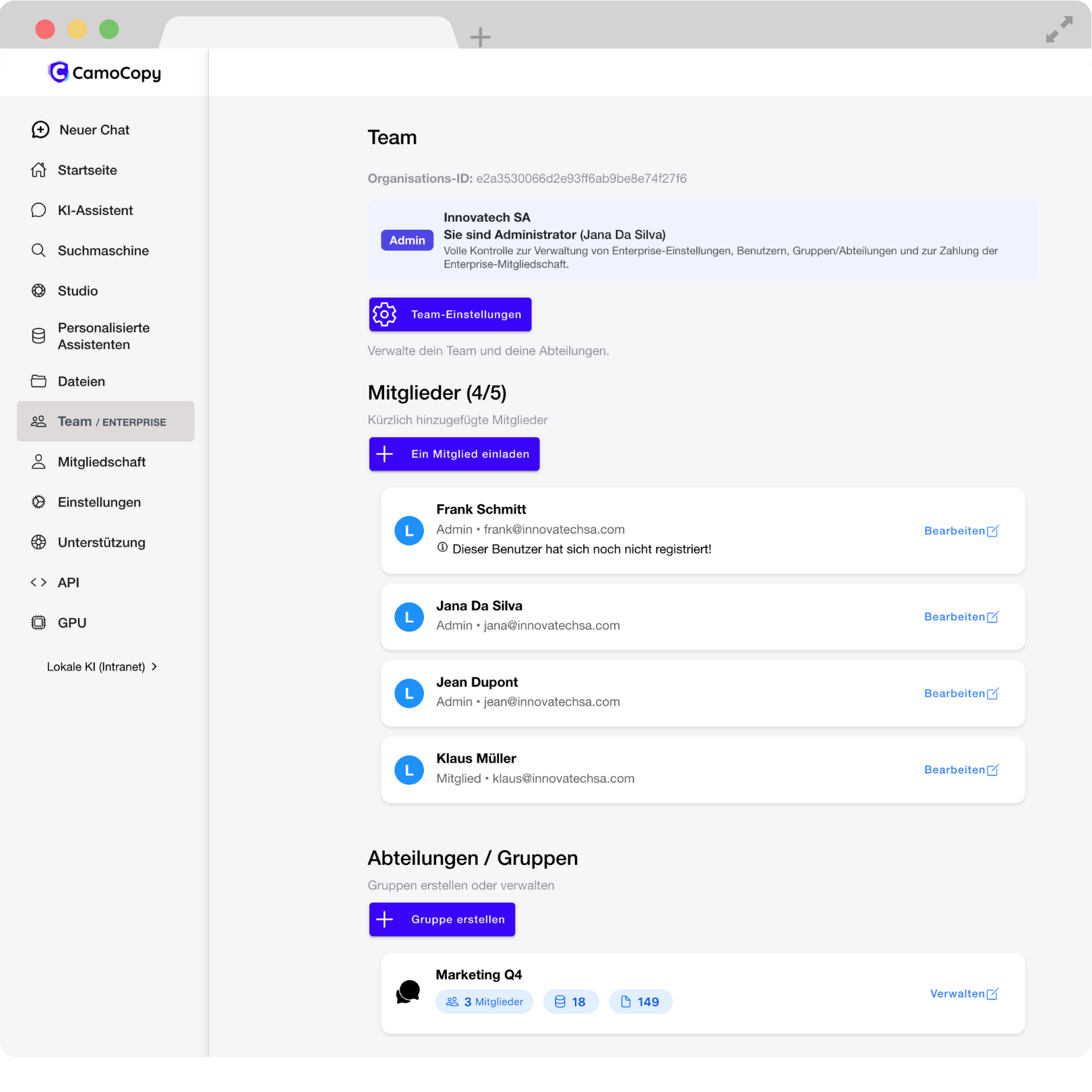 Ein Diagramm der CamoCopy-Benutzeroberfläche, das die Team- und Rollenverwaltungsfunktionen zeigt.
