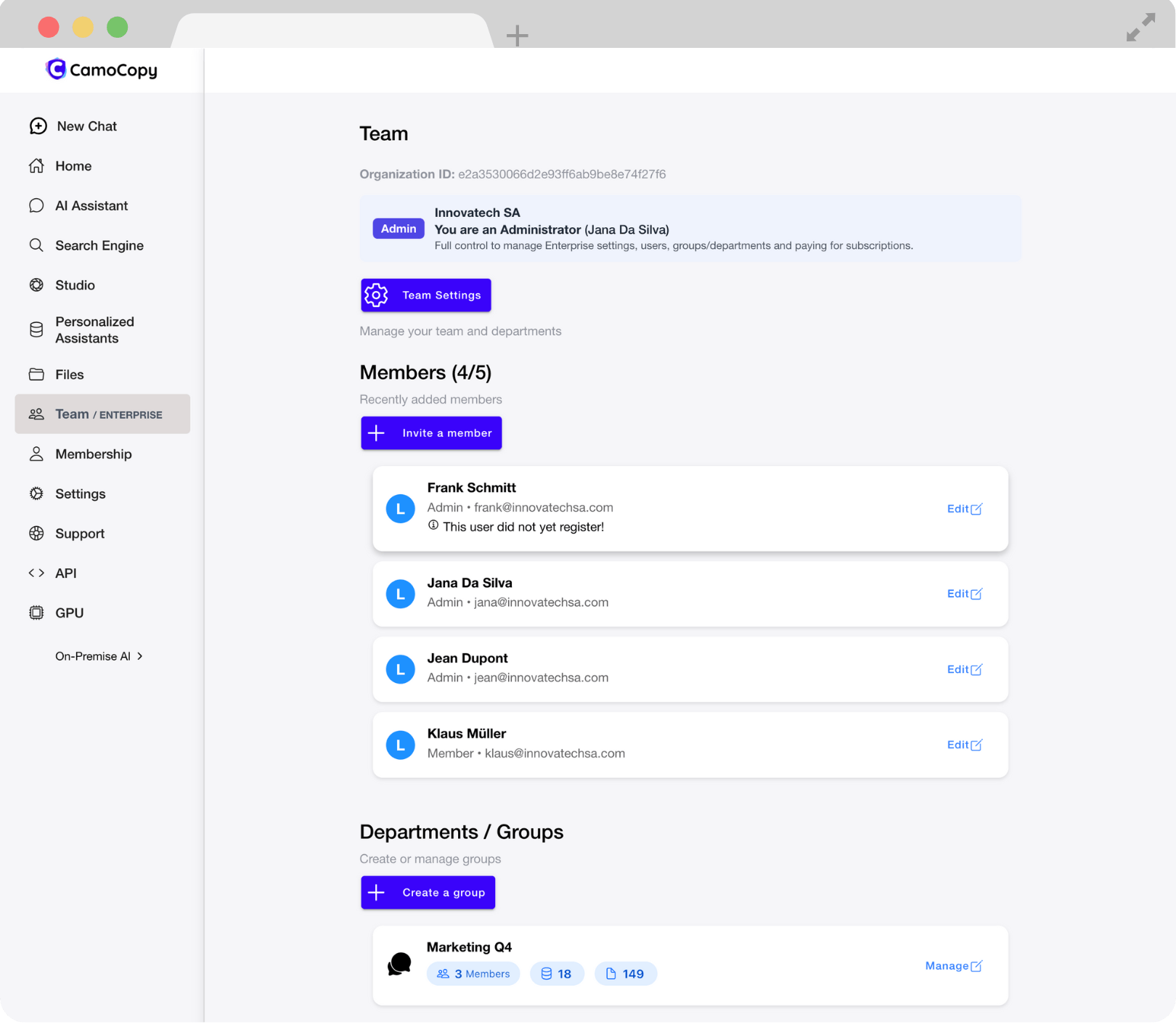 A diagram of the CamoCopy user interface showing team and role management features.