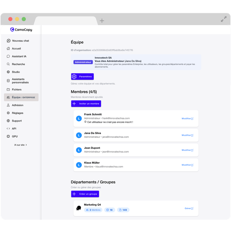 Un schéma de l'interface utilisateur de CamoCopy montrant les fonctionnalités de gestion d'équipe et de rôles.